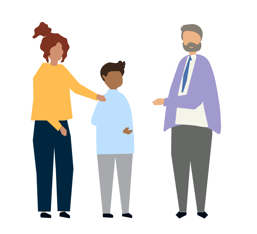 parent and child talking to teacher