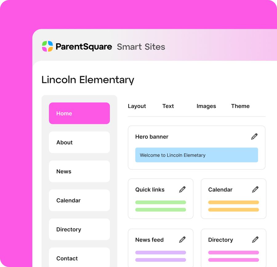 ParentSquare Smart Sites editor showing website customization widgets like Hero banner, Quick links, and Calendar.