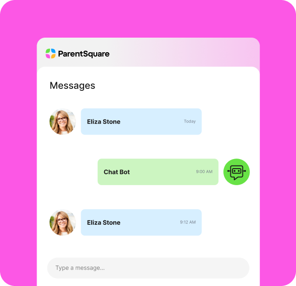 ParentSquare messaging interface showing a conversation between a user and an AI chatbot within a school communication platform.