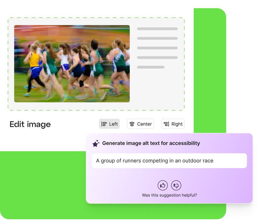 An "Edit image" interface showcasing an AI-generated alt text suggestion: "A group of runners competing in an outdoor race."