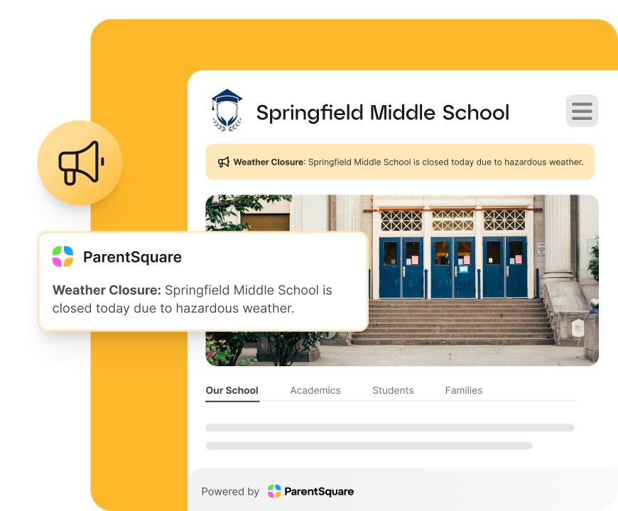 School website with posted alert for weather closure.