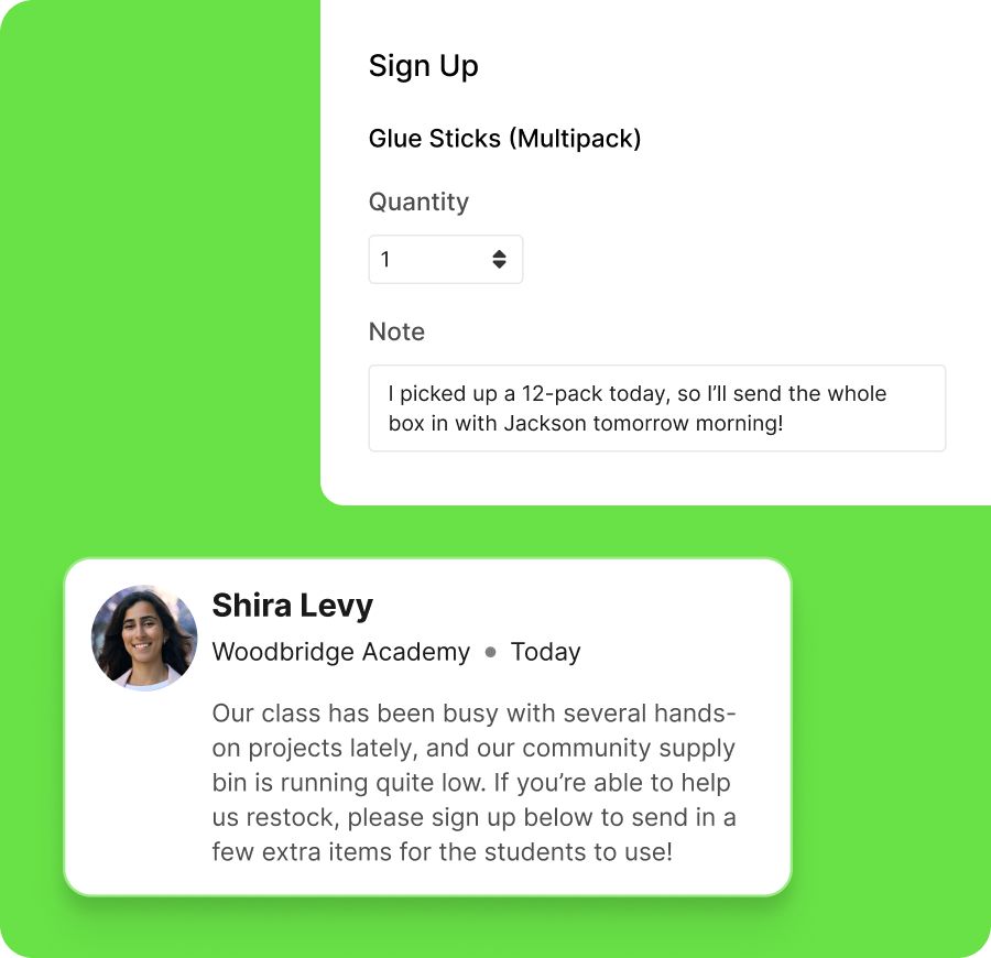 A post that shows a parent/guardian signing up to contribute glue sticks to the classroom, along with a message from the teacher requesting the donation of supplies.