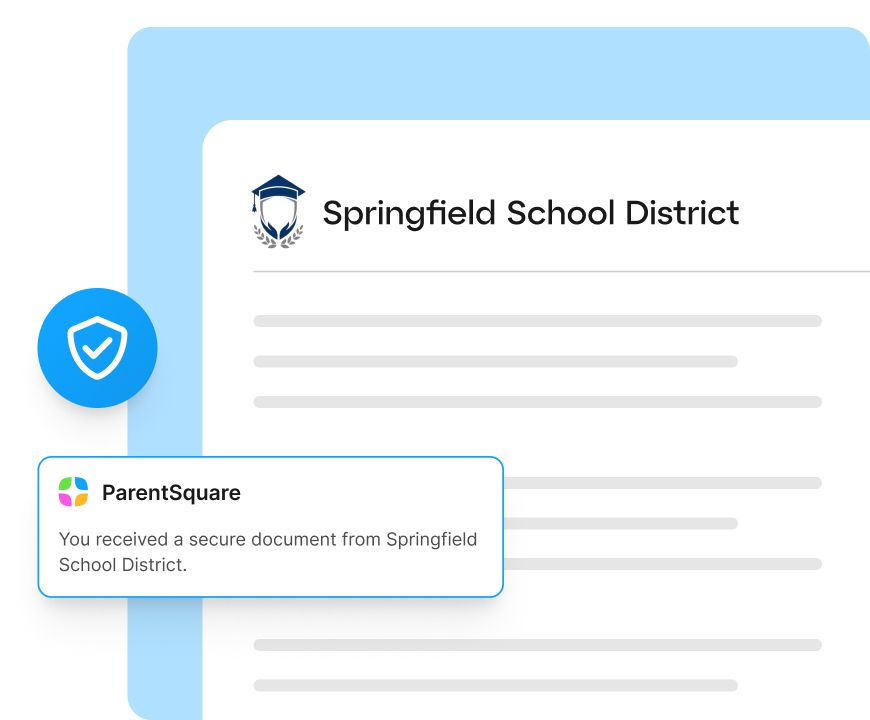 A school document with a ParentSquare notification overlay stating a secure document was received.