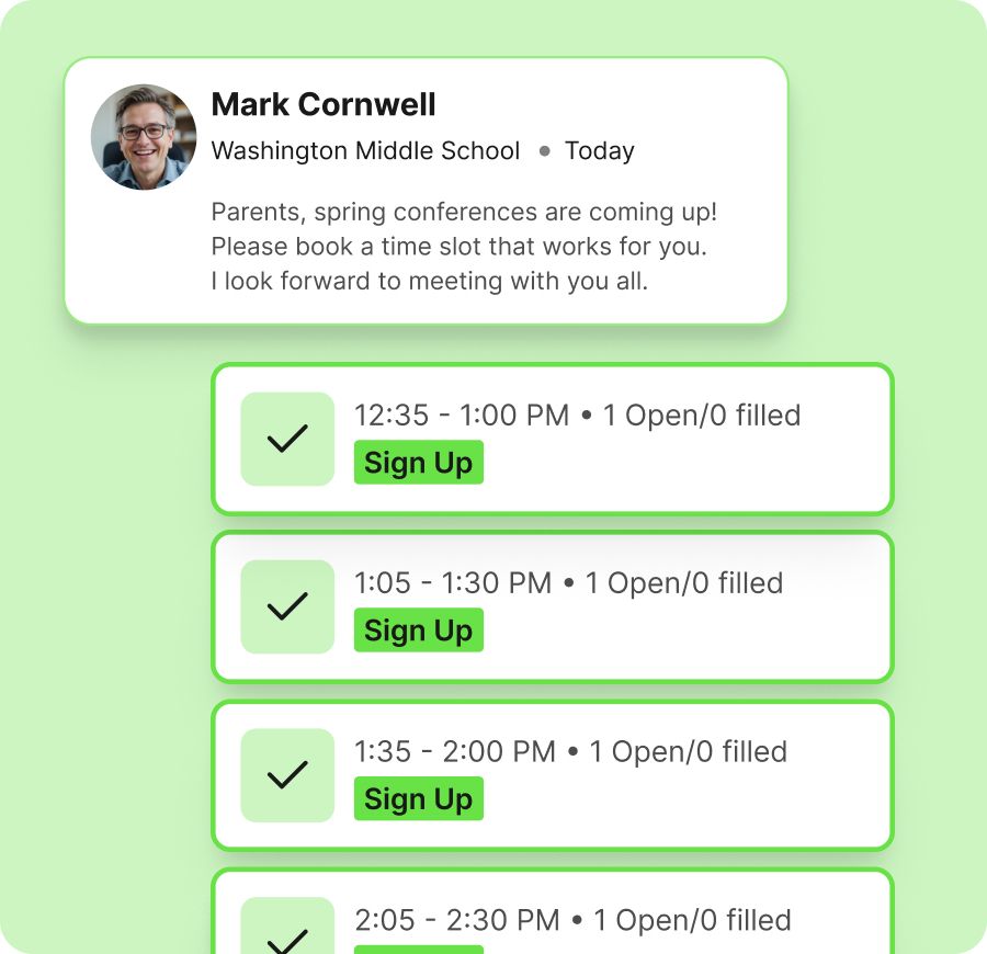 A message from a teacher announcing spring parent-teacher conferences with instructions to sign up via ParentSquare, along a visualization of appointment signups.