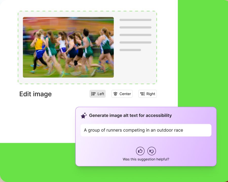 Interface showing an accessibility tool generating AI-powered alt text for an image of runners competing in an outdoor race.