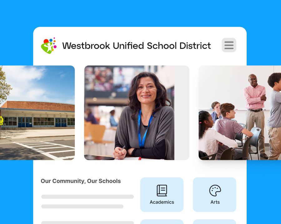 School District mobile interface featuring a school photo carousel and navigation buttons