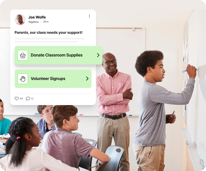 Teacher and students in a classroom beside a ParentSquare-style interface promoting classroom supply donations and volunteer signups.