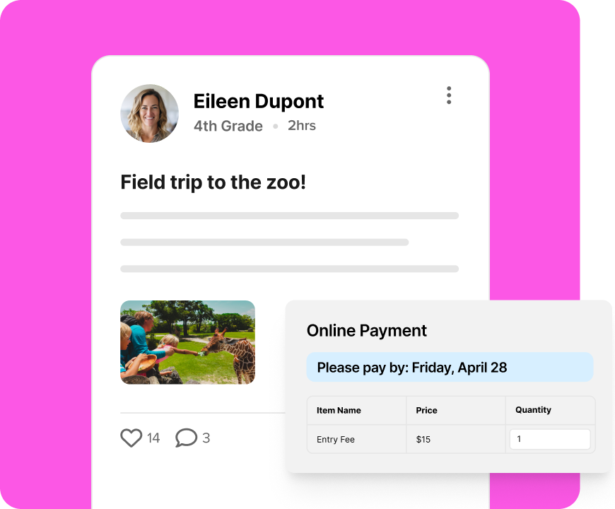 School communication interface announcing a zoo field trip with online payment details and entry fee information for families.